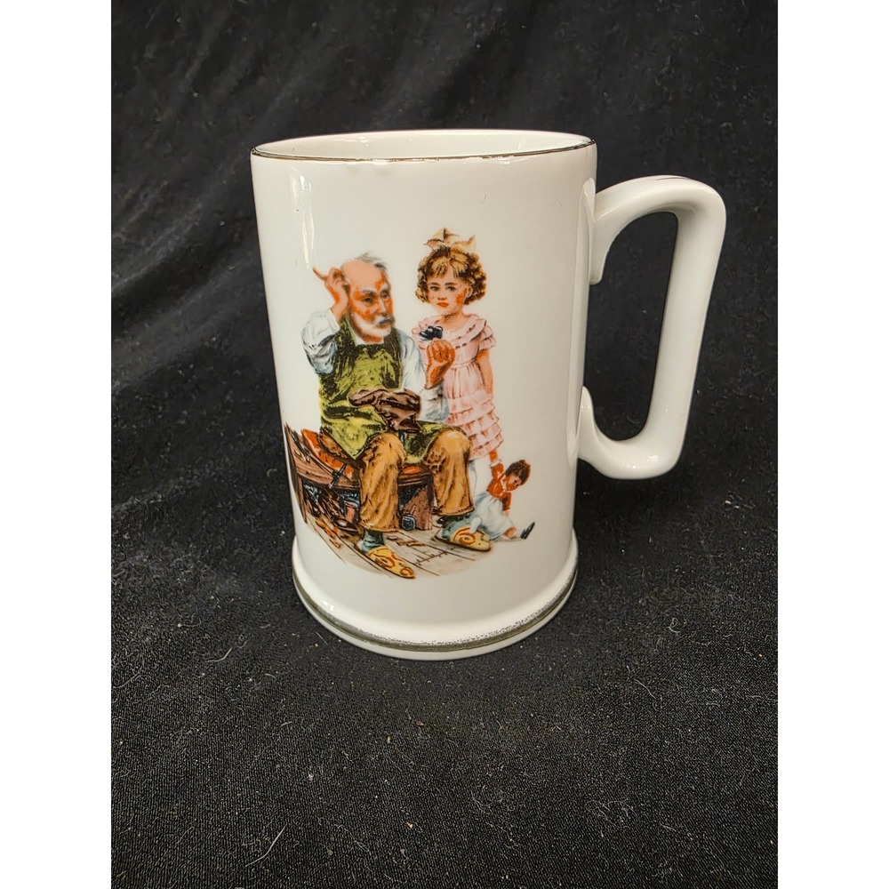 Vintage 1986 Norman Rockwell The Cobbler Coffee Mug The Museum Gold Trim White